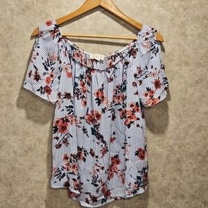 Pink Rose Size Large Floral Elastic Square Neck Short Sleeve Women's Top